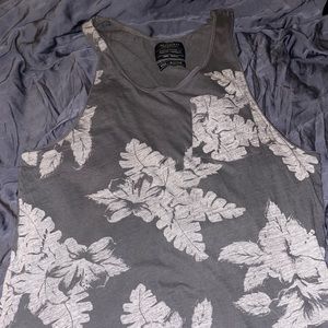 All Saints Boho style/muscle T shirt grey blue leaf frond print front and back.